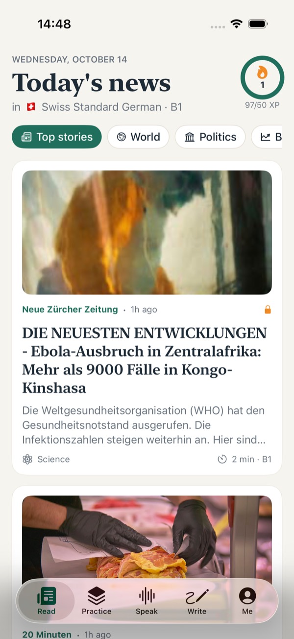 Today's news feed with stories from NZZ and 20 Minuten
