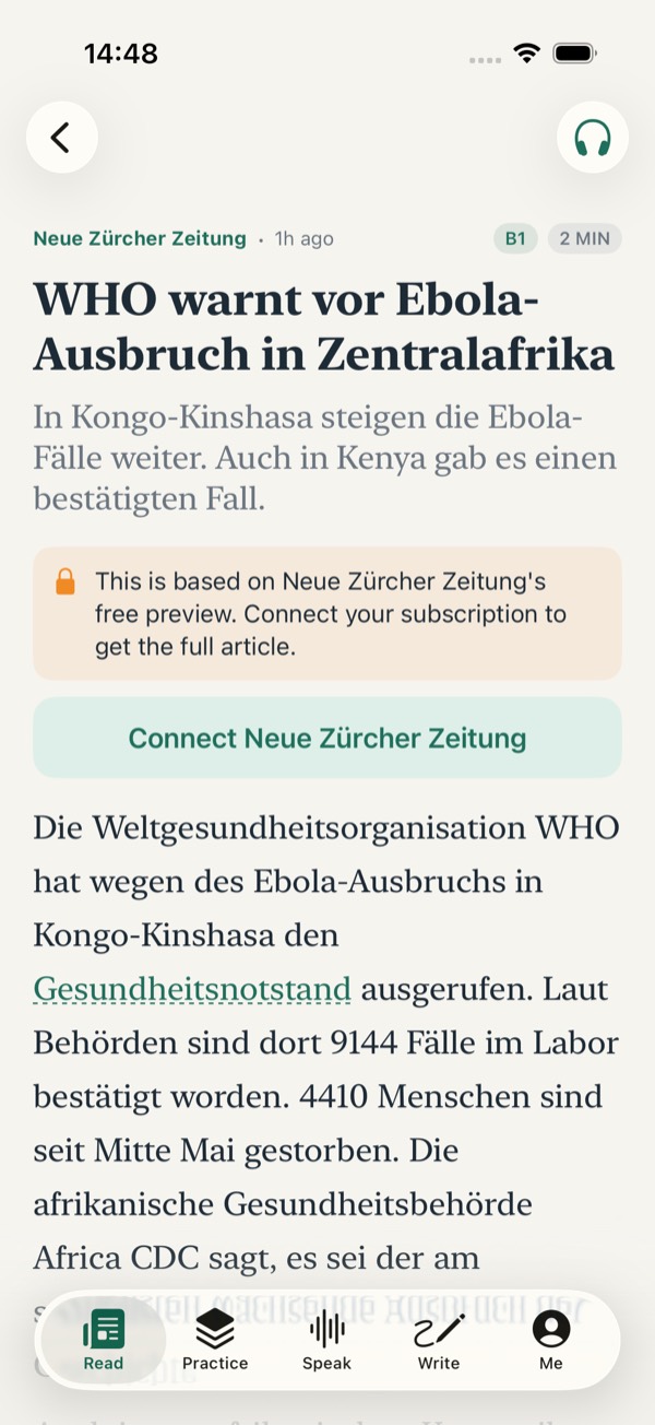 An NZZ article rewritten in Swiss Standard German at level B1, with new words underlined